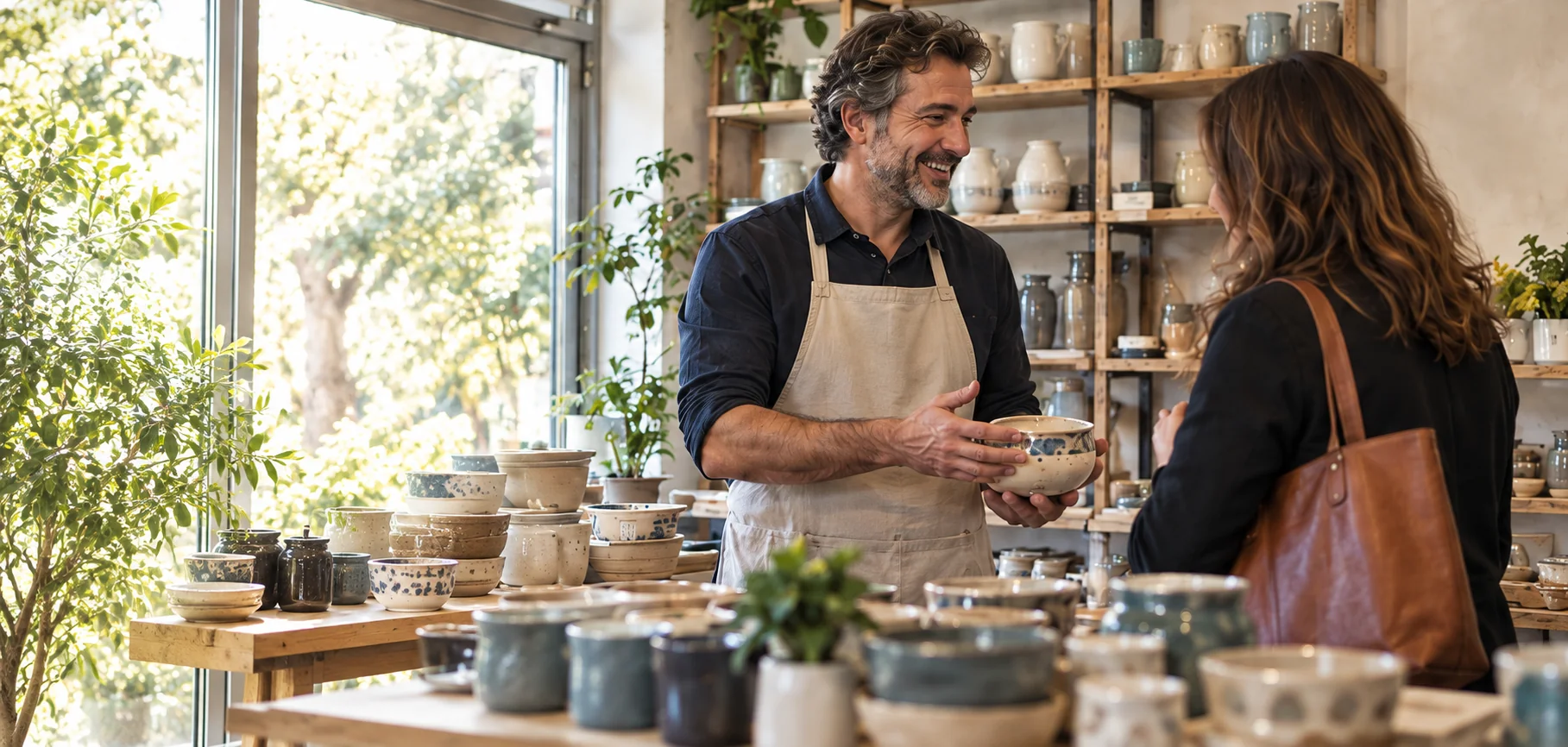 Il titolare di una bottega di ceramiche mostra un vaso a una cliente